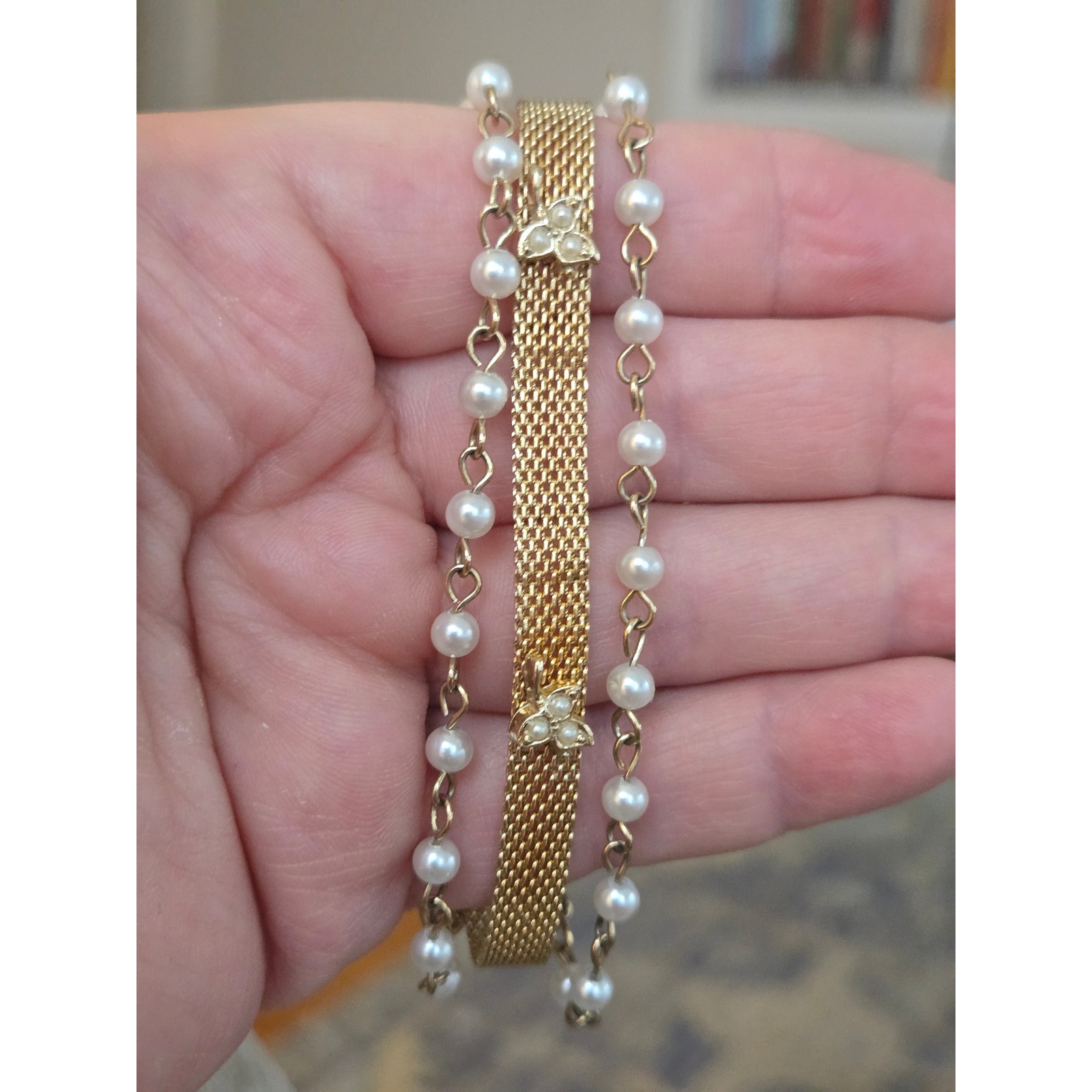 Goldette Faux Pearl Layered Bracelet 3 Row Mesh Gold Tone Flower Couture Vintage